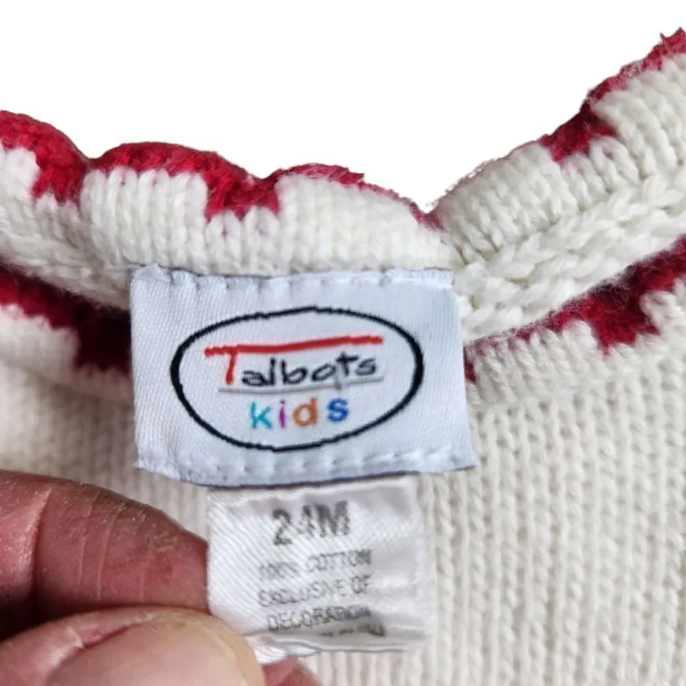 Talbots Kids Sweater 24 Months Teddy Bear Knit Ivory Red Edging - Picture 5 of 6